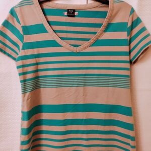 Oakley Green and Grey Striped V-Neck Tee